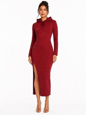 HALARA Burgundy Hooded Long-Sleeve Midi Dress with Side Slit